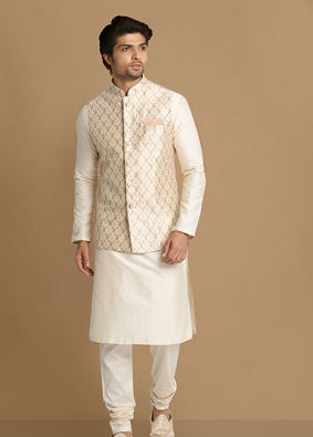 Ivory Festive Kurta Jacket With Printed Motifs image number 1